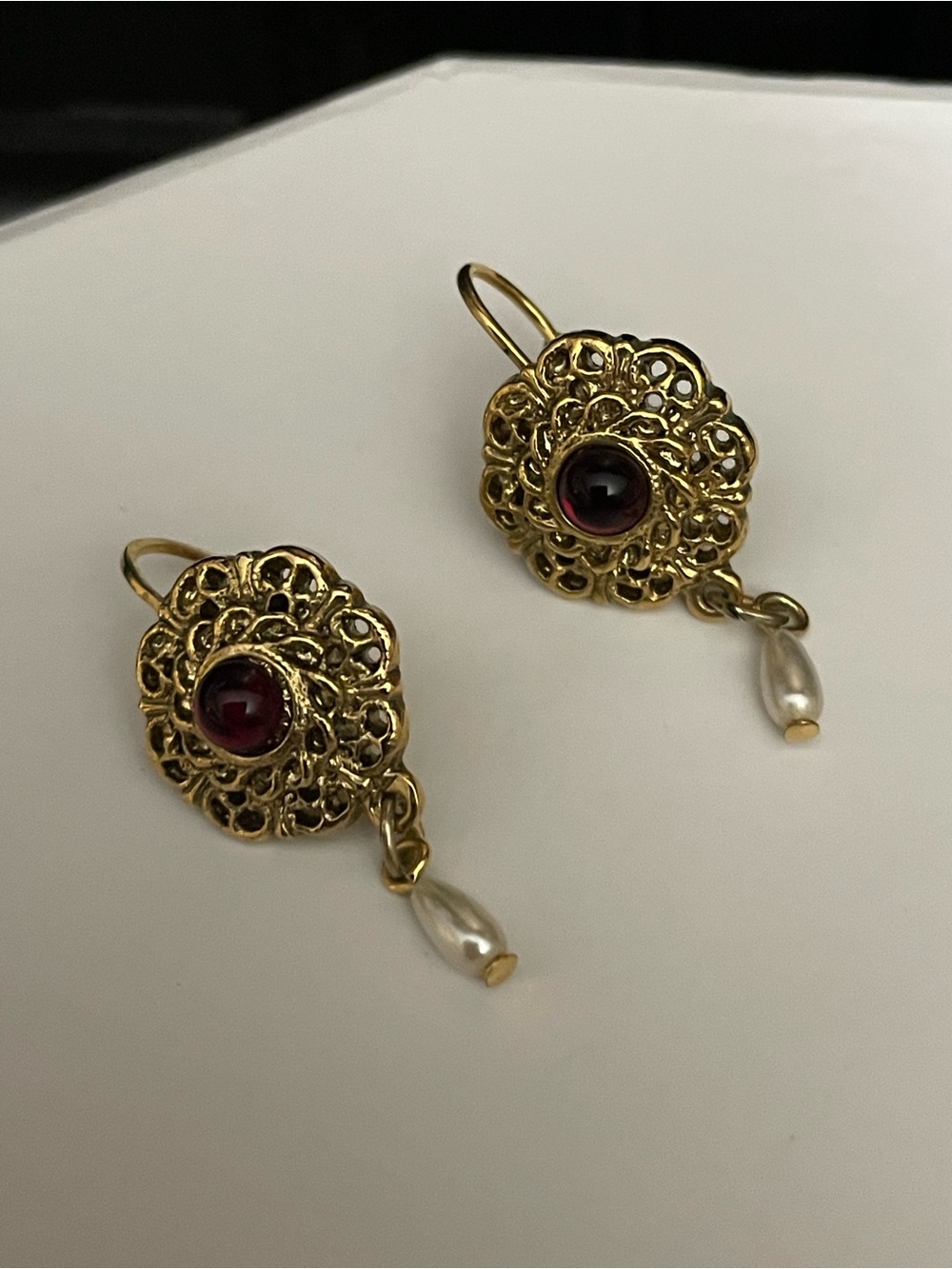 Vintage Gold Filigree Drop Earrings w/ Garnet cabochon and Pearl Accent